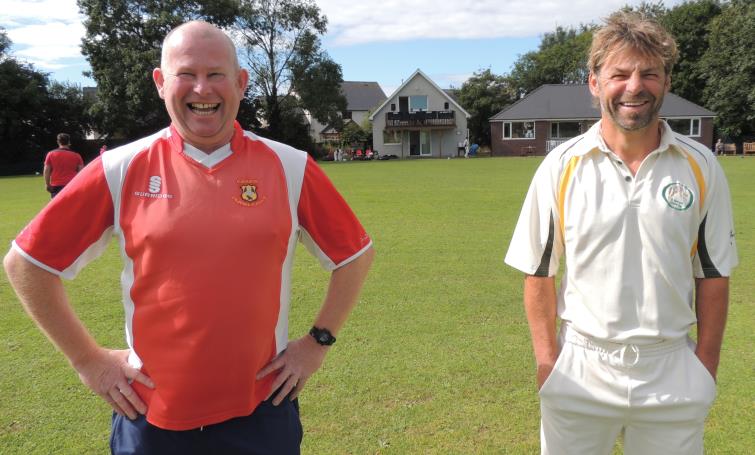Robbie Thomas with opposing captain Barry Evans at the Alec Colley Cup Final